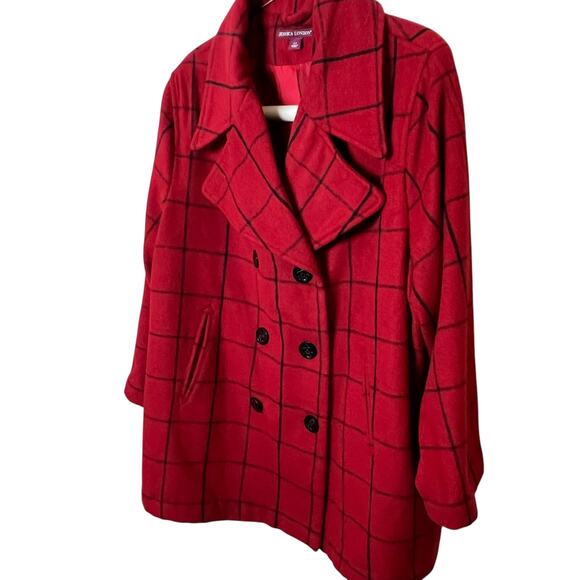 Jessica London Peacoat Women 24 Petite Red Check Wool Blend Double Breasted Coat - Picture 2 of 10